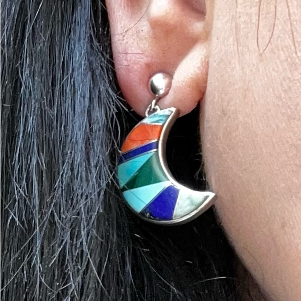 Multicolor Stone Silver Crescent Moon Earrings